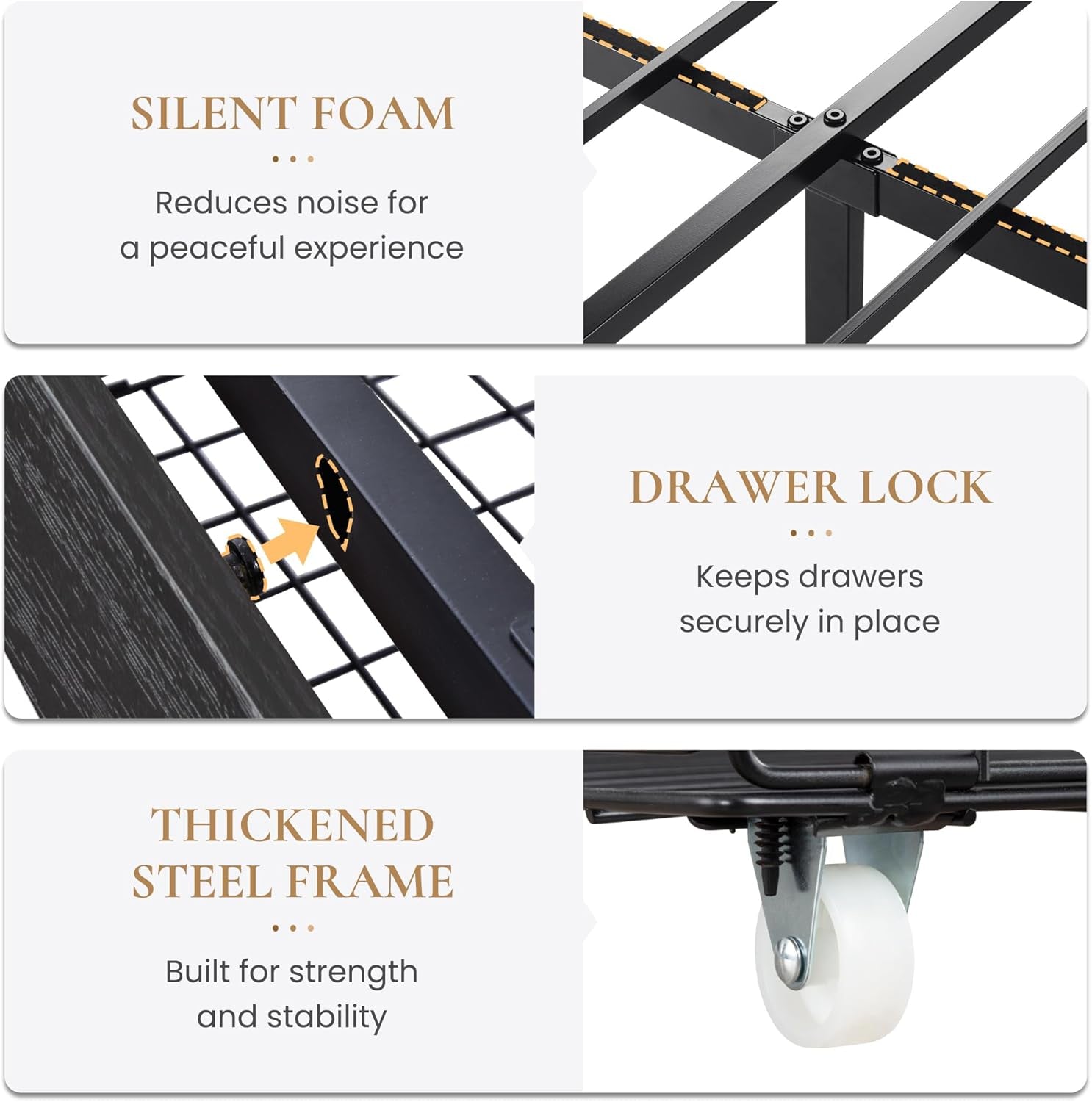 Queen Platform Bed Frame with 2 Large Storage Drawers, Rustic Wood and Metal, Noise-Free, Easy Assembly, No Box Spring Needed, Black