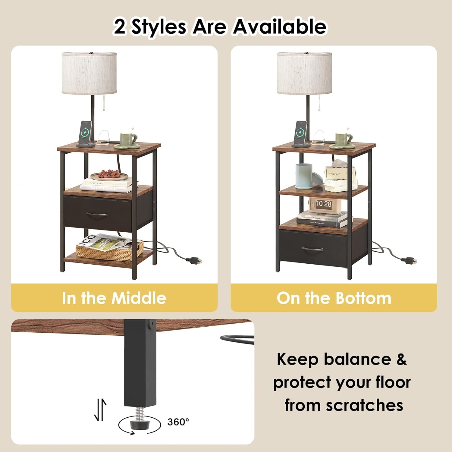 Nightstand with LED Lights Bedside Table with 3 Color Temperatures Bulb, Tall Nightstand with Charging Station End Table with Adjustable Fabric Drawer for Bedroom Dorm