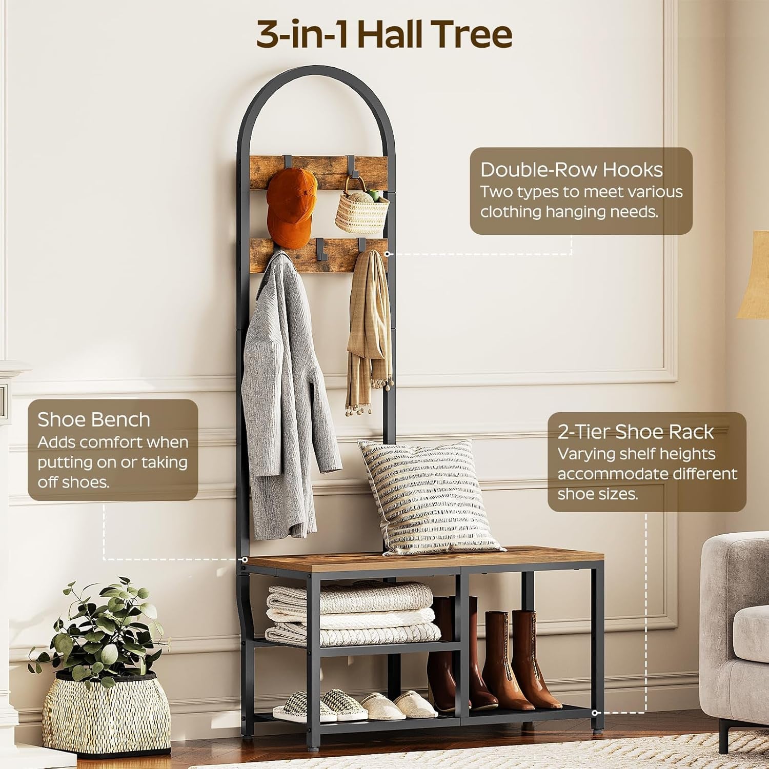 Hall Tree, Coat Rack with Shoe Storage, Entryway Bench with Coat Rack and Shoe Shelf, All-In-One Entryway Storage Organizer, for Foyer, Hallway, Cloakroom, Rustic Brown and Black MT04BRY1