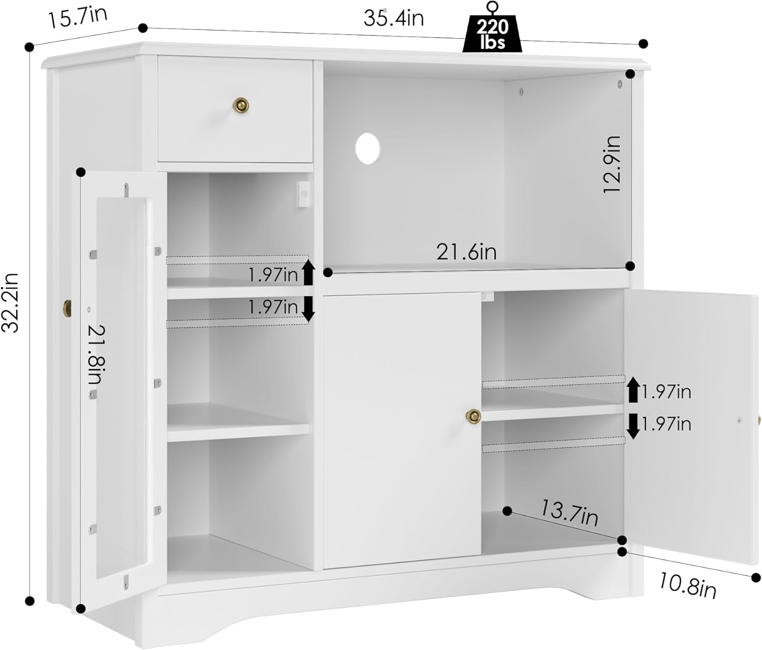 Microwave Cabinet, Kitchen Storage Cabinet with 3 Doors and 1 Drawer, Buffet Sideboard with Adjustable Shelves, Microwave Stand for Kitchen, Dining Room, White
