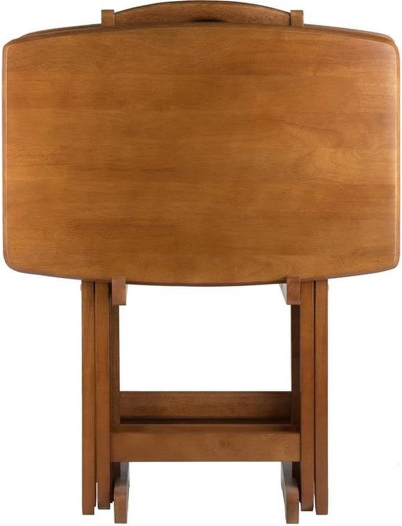 24" W X 12" D Transitional Oversized Solid Wood Snack Table Set with Storage Stand, Curved Sides, Rounded Corners, X-Frame Bases, No Assembly Required, in Brown Finish (Set of 5)