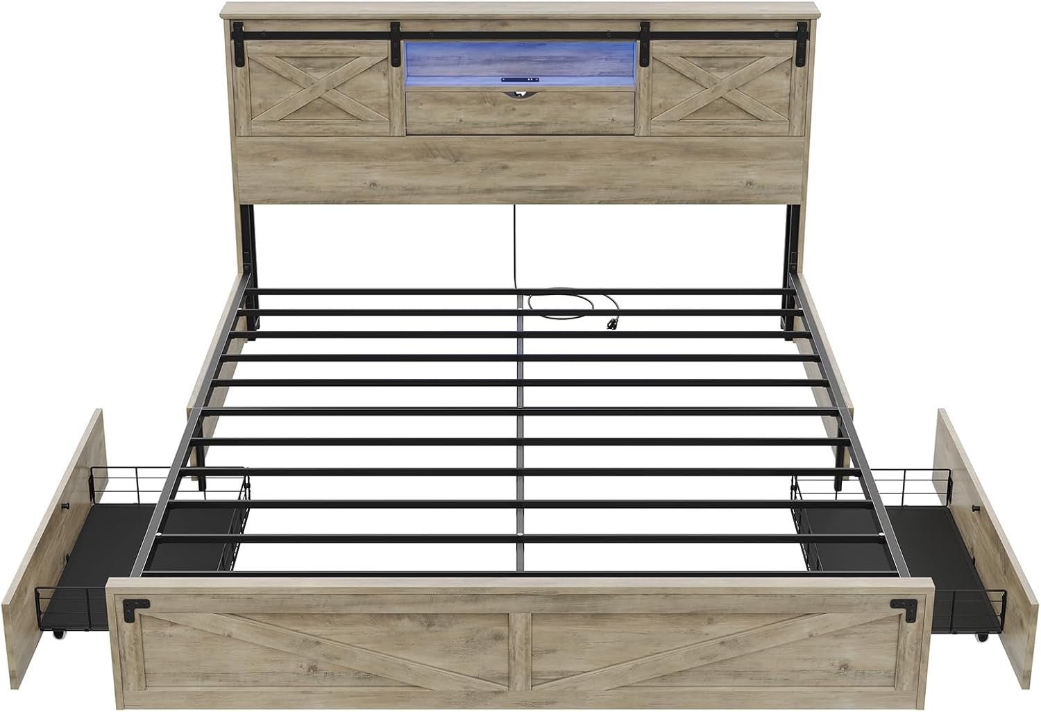 Farmhouse Bed Frame California King Size with Storage Bookcase Headboard, Wooden Cal King Bed with LED Lights, Charging Station, 2 Drawers, Country Rustic Bed Frame with Sliding Barn Door