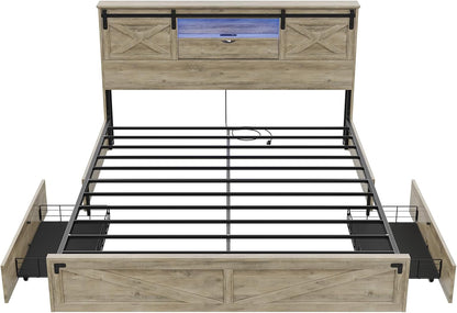 Farmhouse Bed Frame California King Size with Storage Bookcase Headboard, Wooden Cal King Bed with LED Lights, Charging Station, 2 Drawers, Country Rustic Bed Frame with Sliding Barn Door