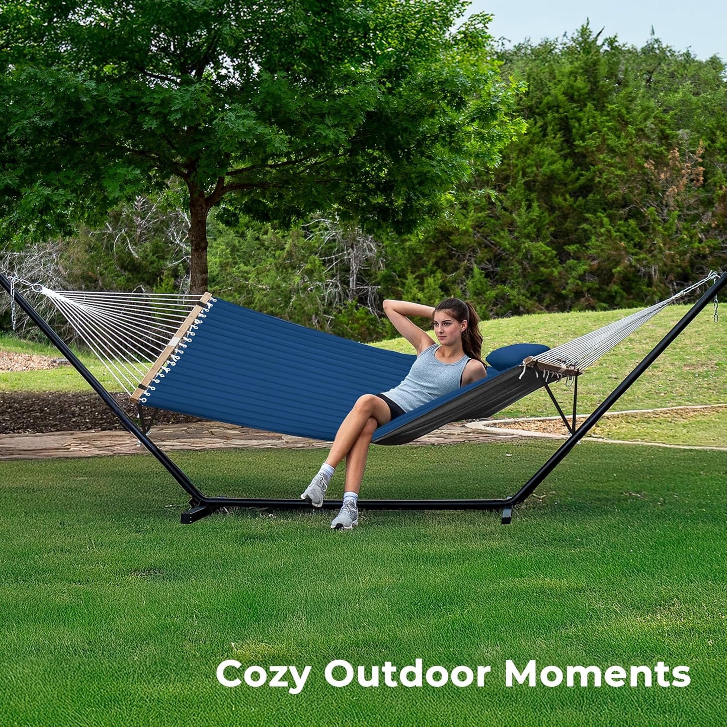 Hammock with Stand, 2 Person Quilted Outdoor Hammock, Detachable Pillow & Bamboo Spreaders, Portable Hammock with Carrying Bag, Heavy Duty Stand, Perfect for Outside, Patio, Navy Blue