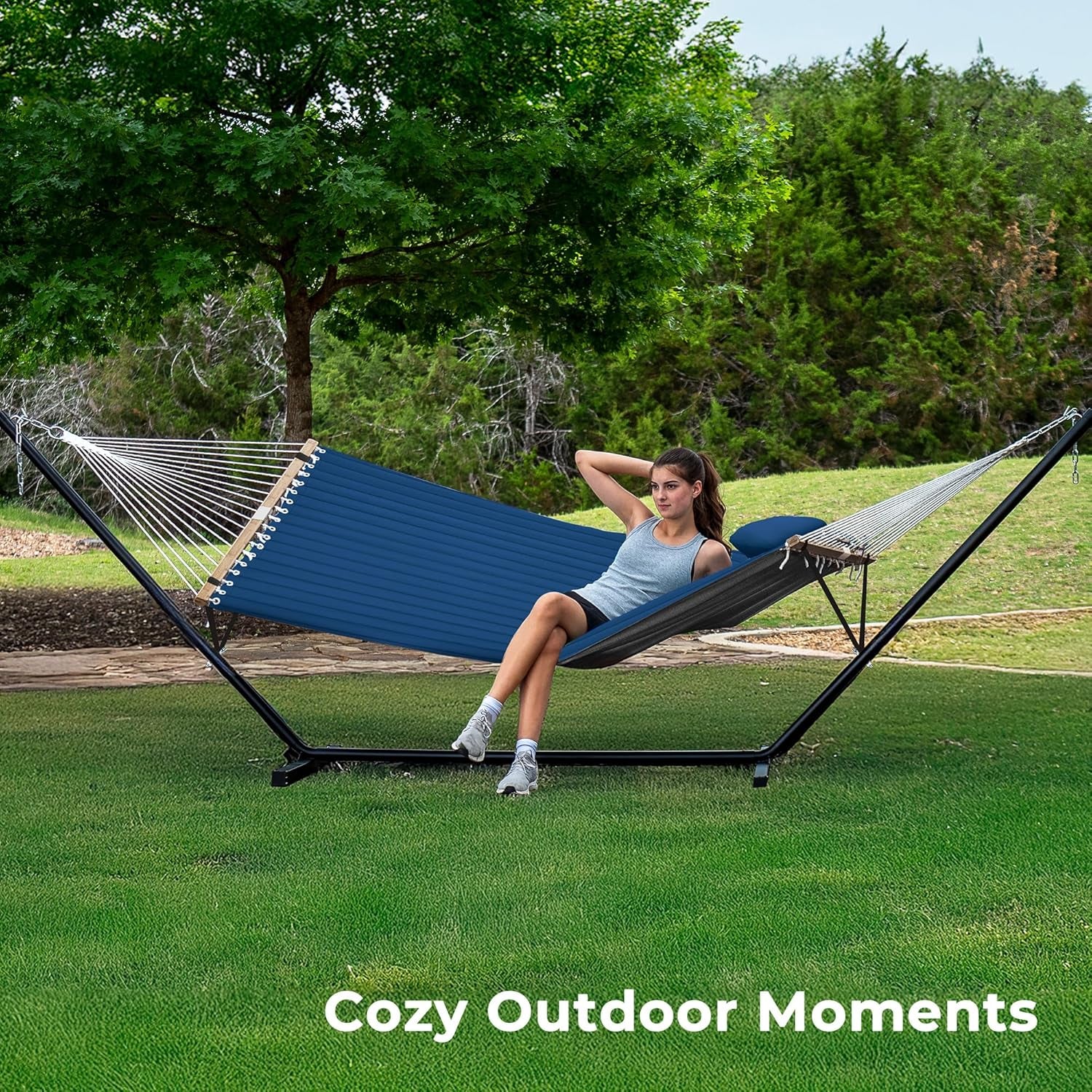 Hammock with Stand, 2 Person Quilted Outdoor Hammock, Detachable Pillow & Bamboo Spreaders, Portable Hammock with Carrying Bag, Heavy Duty Stand, Perfect for Outside, Patio, Navy Blue