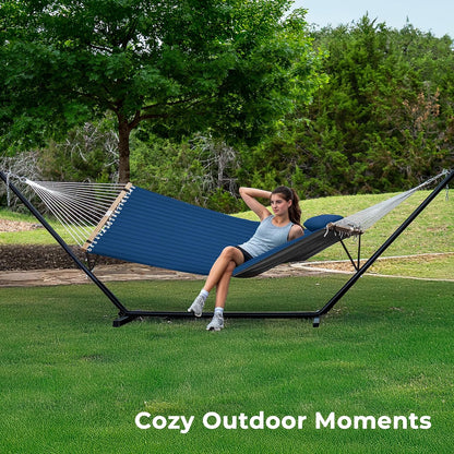 Hammock with Stand, 2 Person Quilted Outdoor Hammock, Detachable Pillow & Bamboo Spreaders, Portable Hammock with Carrying Bag, Heavy Duty Stand, Perfect for Outside, Patio, Navy Blue