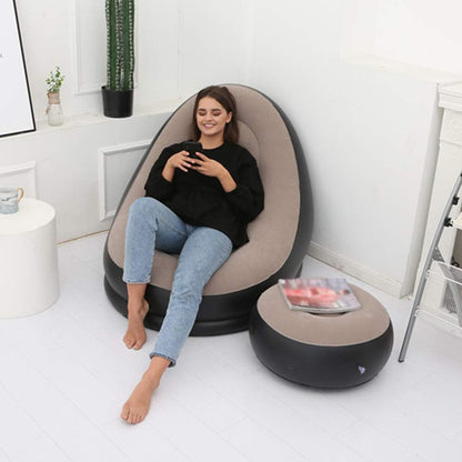 Inflatable Lounge Chair for Adults, Folding Portable Lazy Sofa with Foot Stool Lazy Flocking Recliner Chair Air Couch Sofa for Indoor Outdoor Travel Camping（No Pump）