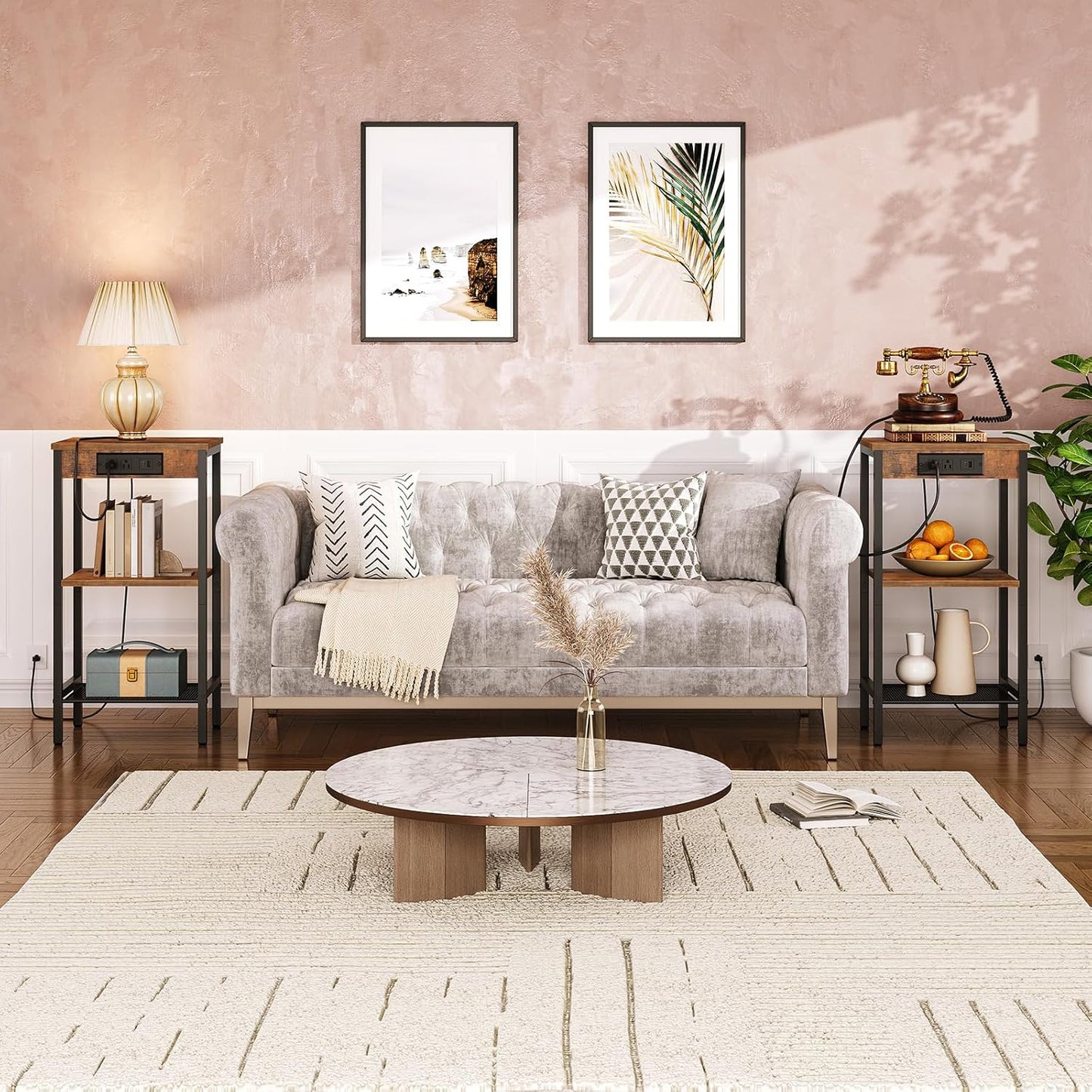 Tall End Table with Charging Station, 30 Inch Tall Nightstand, 3-Tier Small Side Table with Adjustable Shelf, for Living Room, Bedroom, Entryway, Rustic Brown BF09UDH01G1