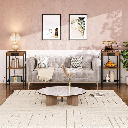 Tall End Table with Charging Station, 30 Inch Tall Nightstand, 3-Tier Small Side Table with Adjustable Shelf, for Living Room, Bedroom, Entryway, Rustic Brown BF09UDH01G1