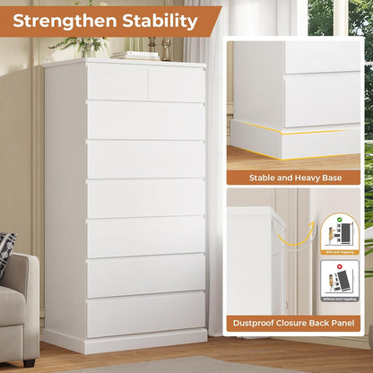 White Tall Dresser for Bedroom with 8 Drawers, 59.6" Tall Dressers & Chests of Drawers, Modern Wood Closet Organizer and Storage Cabinet, Large Vertical Dresser for Bedroom, Closet, Hallway