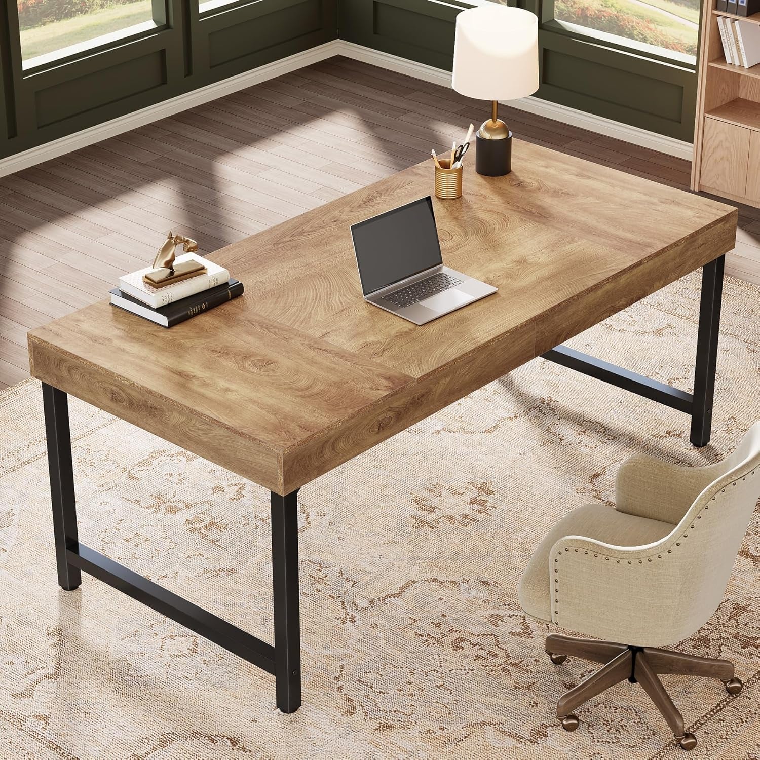 55" Industrial Executive Desk for Home Office, Rustic Simple Computer Laptop Desk with Strong Metal Legs, Study Writing Table Business Workstation, Small Conference Table