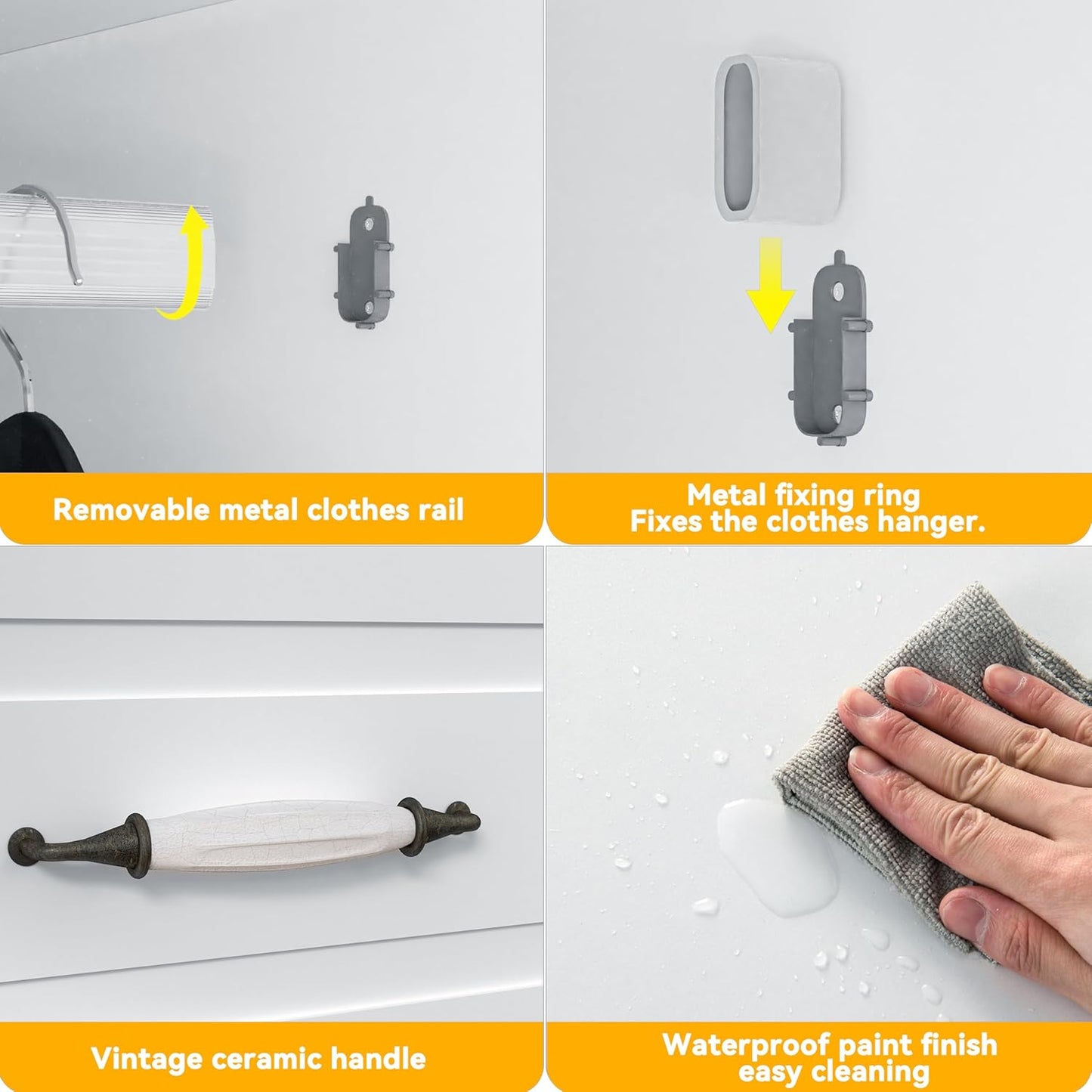 Armoire Wardrobe Closet with 3 Drawers and LED Light 72" Wooden Bedroom Armoire with 2 Doors and Retro Ceramic Door Handles Modern Wardrobe Cabinet with Removable Hanging Rod White