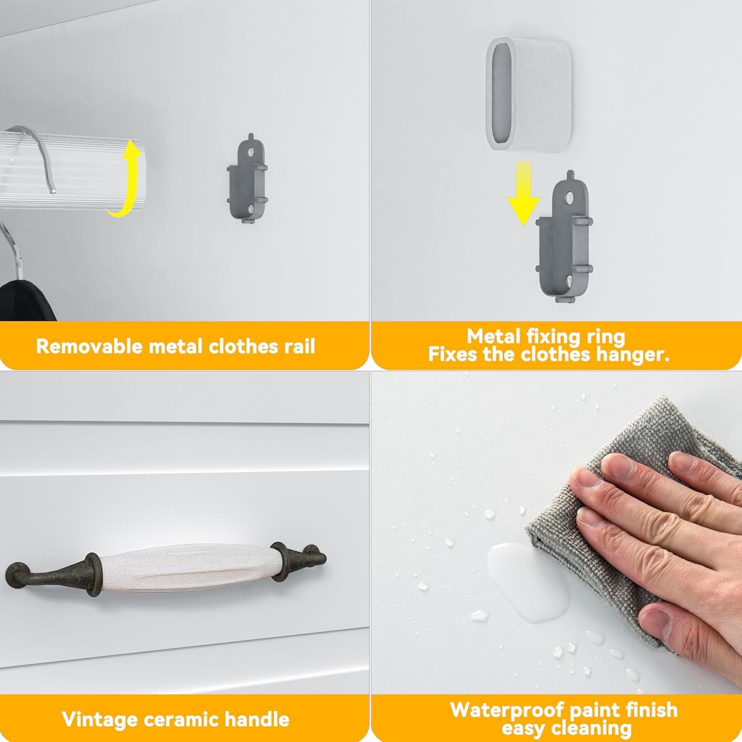 Armoire Wardrobe Closet with 3 Drawers and LED Light 72" Wooden Bedroom Armoire with 2 Doors and Retro Ceramic Door Handles Modern Wardrobe Cabinet with Removable Hanging Rod White