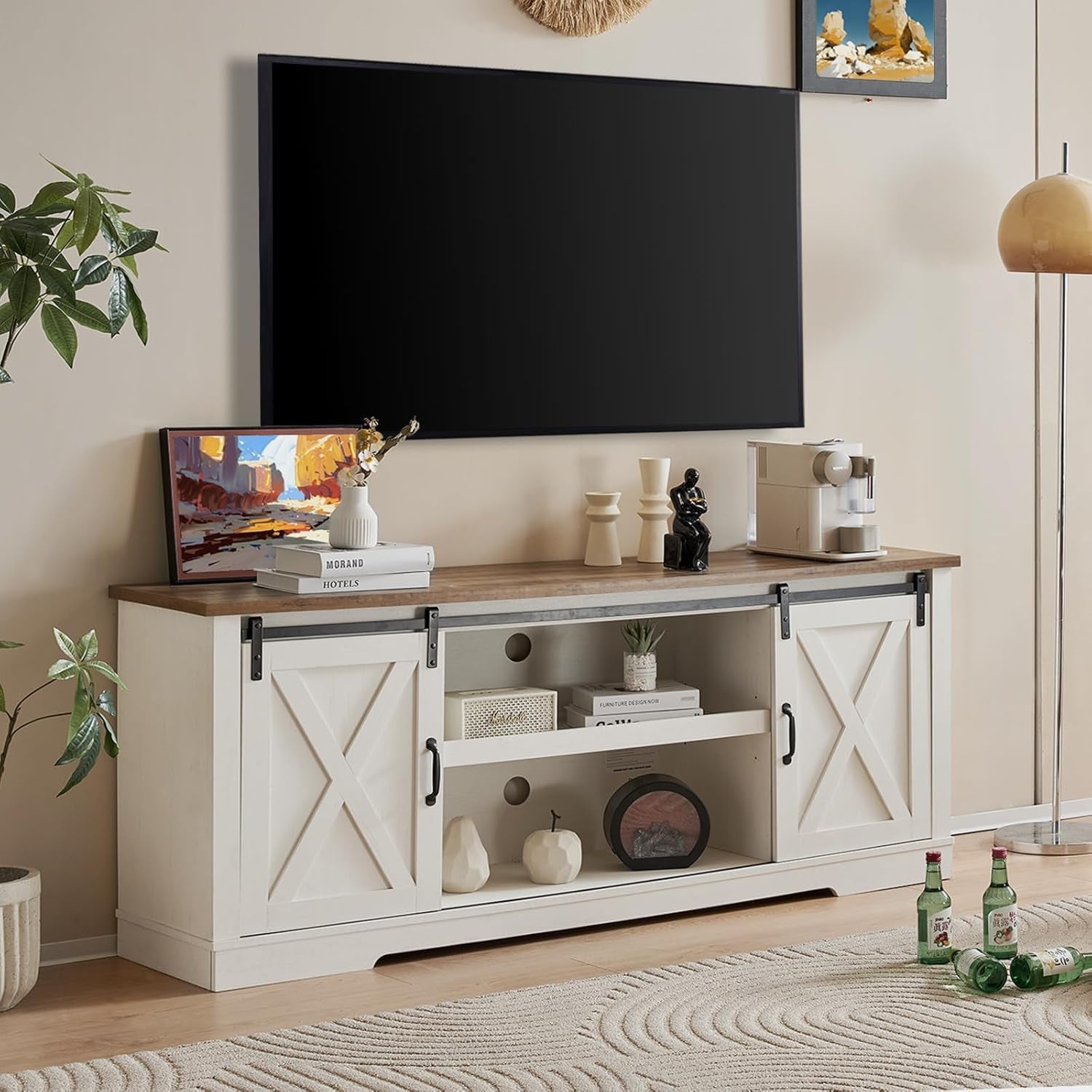 66" Farmhouse TV Stand for 75 Inches Tvs, Entertainment Center with Sliding Barn Door and Adjustable Shelf & Feet, Console Table with Storage, Distressed White & Rustic