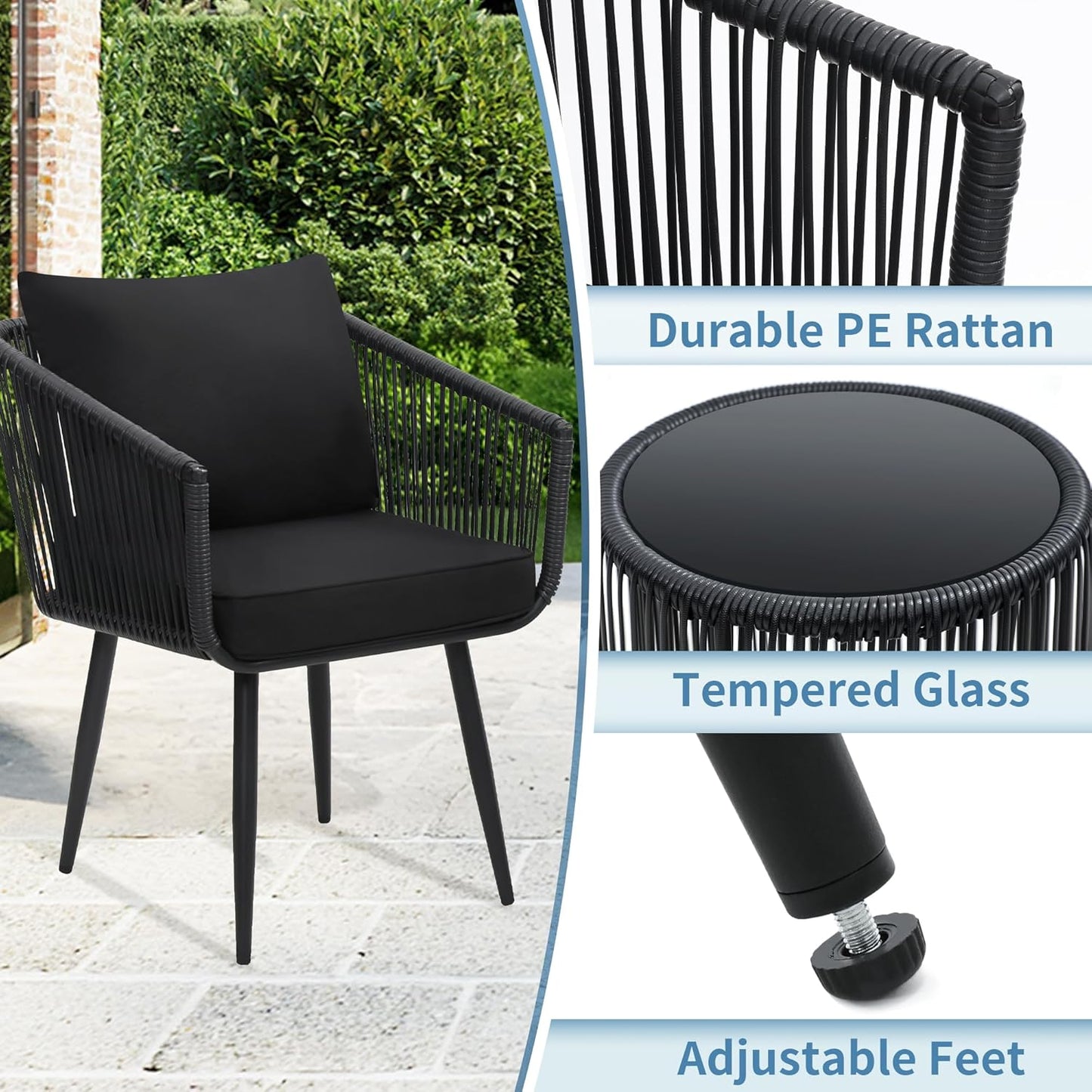3 Pieces Patio Rattan Bistro Conversation Set, Outdoor All-Weather Wicker Furniture Chairs and Side Table Set Ideal for Balcony, Porch and Backyard, Black