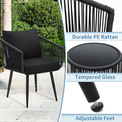 3 Pieces Patio Rattan Bistro Conversation Set, Outdoor All-Weather Wicker Furniture Chairs and Side Table Set Ideal for Balcony, Porch and Backyard, Black