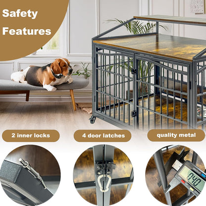 48 Inch Dog Crate Furniture, XXL Kennel Cage Rustic Wooden Pet House End Table Dog Home for Large Dogs with 2 Stainless Steel Bowls Indoor Use 48" L X 30" W X 40" H
