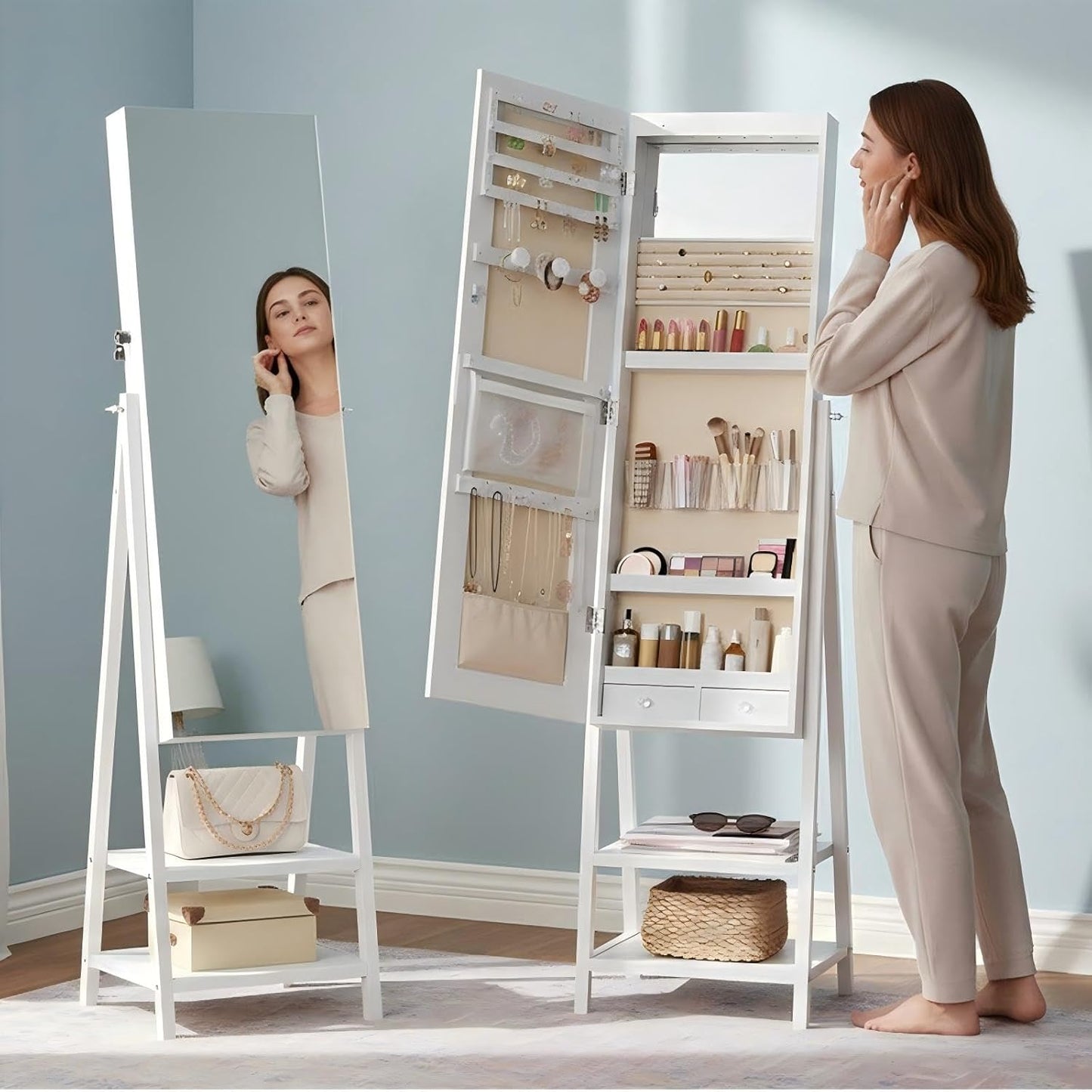 Standing Jewelry Cabinet with LED Lights, Jewelry Organizer with Storage Shelves, Full Length Mirrored Jewelry Armoire, Lockable Cosmetics Storage Cabinet, Makeup Brush Boxes, White