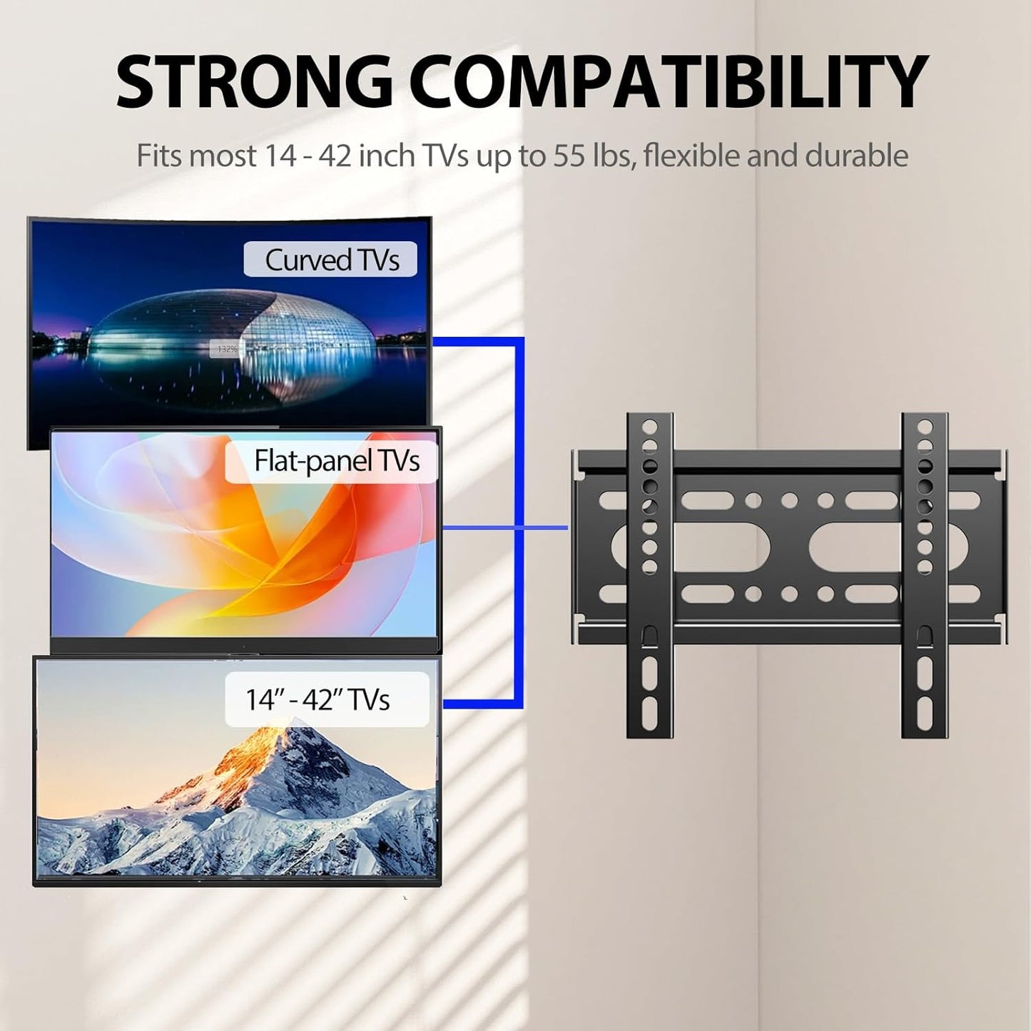 Fixed TV Wall Mount for 14-42" Flat Screen Tvs, Small Wall Mount TV Bracket Fit 19 24 28 32 35 39 40 Inch, VESA up to 200X200Mm 55Lbs Max Load, Easy Install Low Profile Monitor Mount Bracket