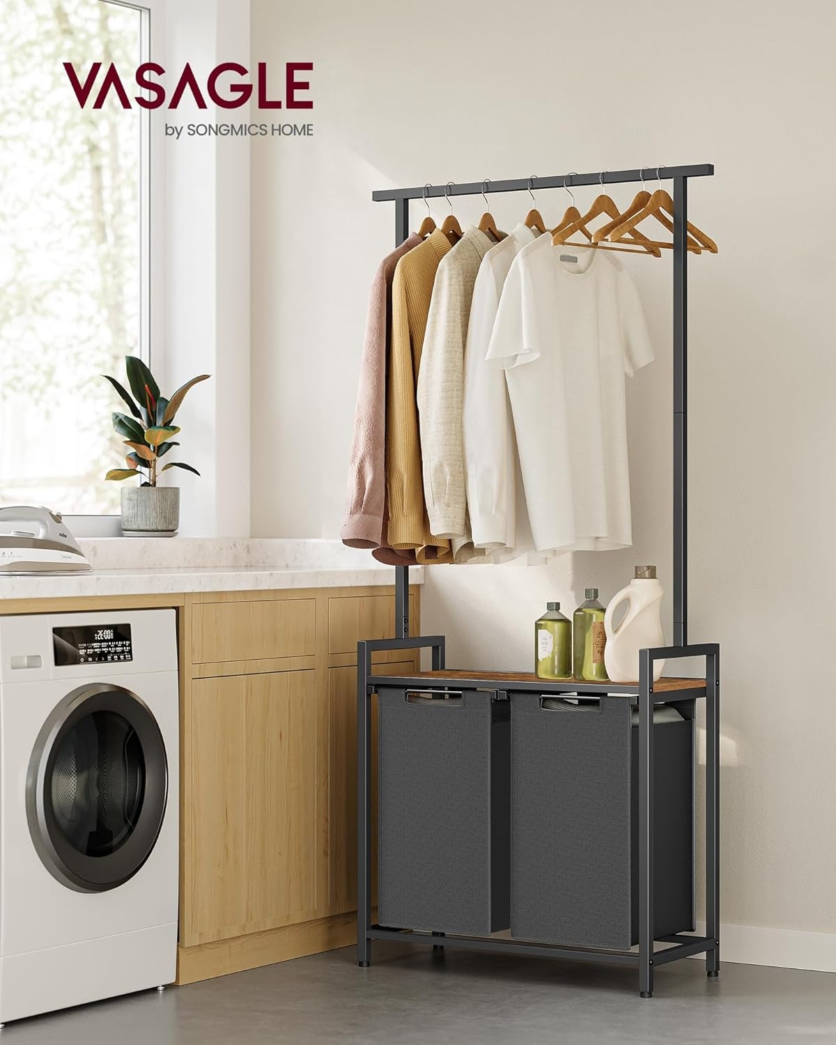 Laundry Sorter, Laundry Hamper 2 Section with Clothes Rack, Pull-Out and Removable Laundry Basket with Shelf, 28.7 X 13 X 69.7 Inches, Rustic Brown and Black UBLH241B01