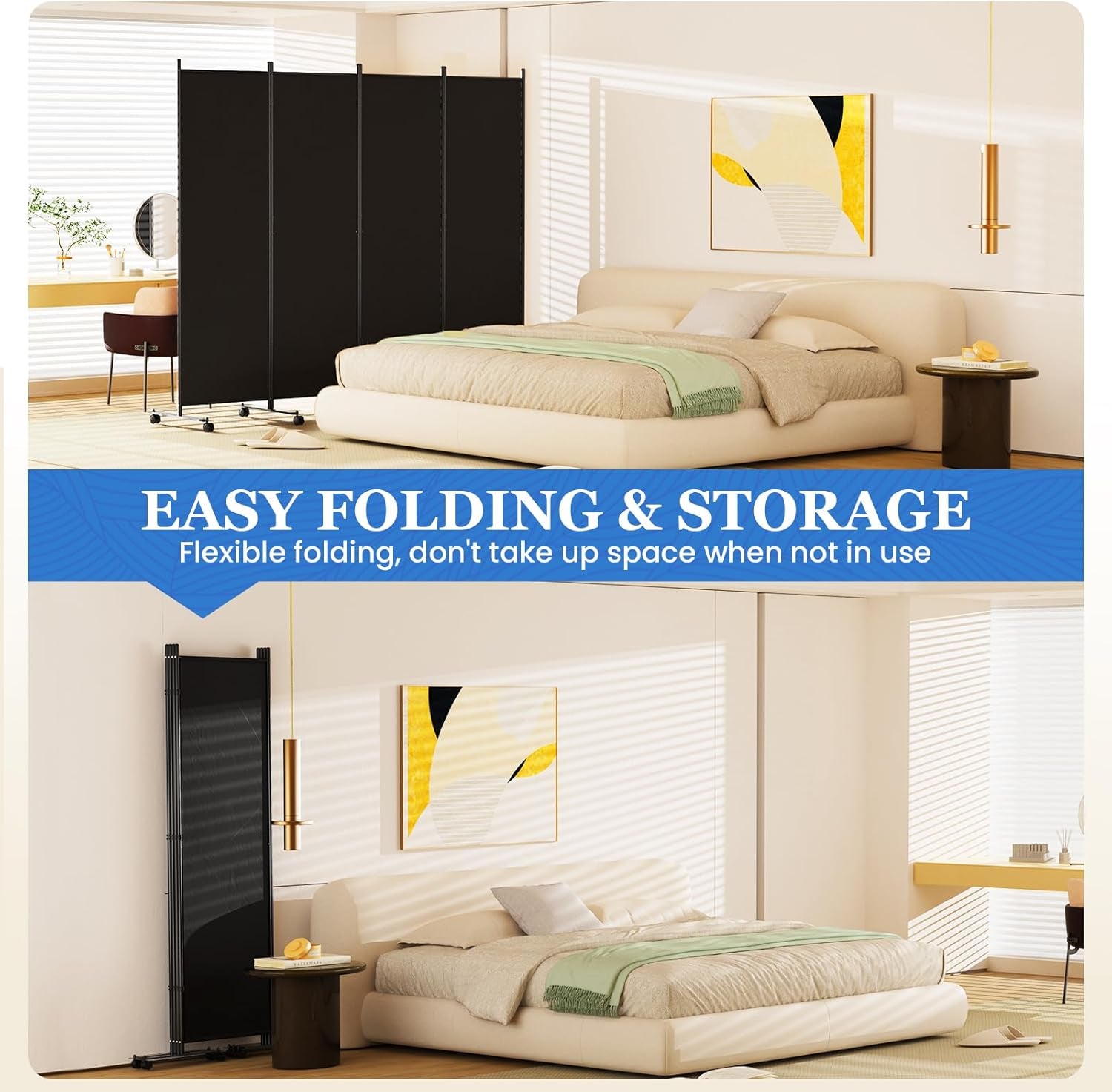 Room Divider 6FT Folding Privacy Screens with Lockable Wheels, 4 Panel Room Partition for Room Separator, 88" W Freestanding Portable Fabric Wall Dividers for Home Dorm Studio Office, Black