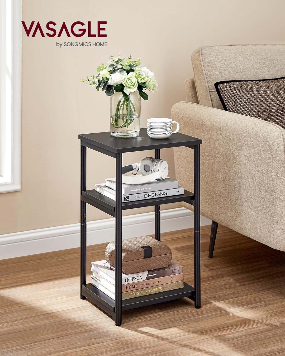 Side Table, Small End Table, Tall Nightstand for Living Room, Bedroom, Office, Bathroom, Classic Black ULET273B16