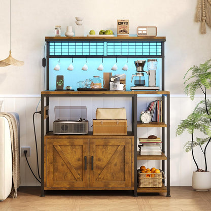Bakers Rack with Power Outlet and LED Light, Microwave Stand with Storage Cabinet, Coffee Bar Cabinet Station with 6 Hooks for Kitchen, Dining Room, Living Room, Coffee Bar, Rustic Brown, Black