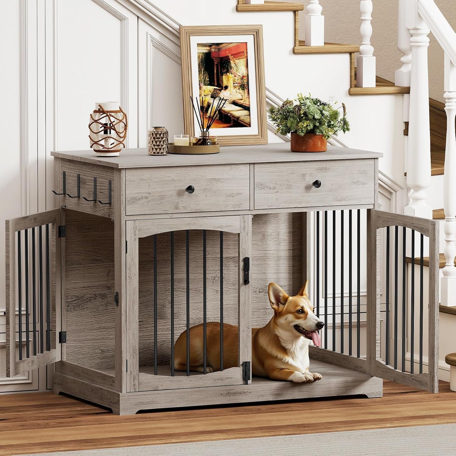 40" Dog Crate Furniture, Wooden Dog Kennel Furniture, Heavy-Duty Dog Crate End Table with Storage Drawers, Double Doors Decorative Pet Cage House Indoor for Small Medium Dog, Gray