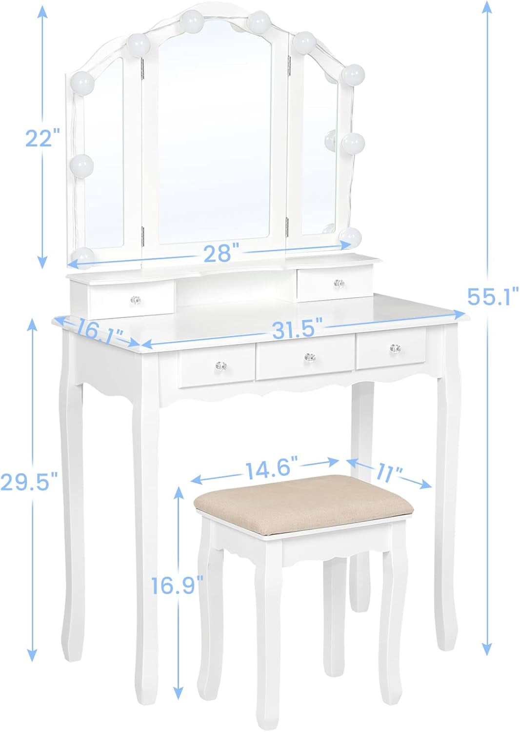 Makeup Vanity with Lights, Vanity Desk with Lighted Mirror and Stool, Vanity Table Set with 5 Drawers, 3 Light Settings, Adjustable Brightness, White