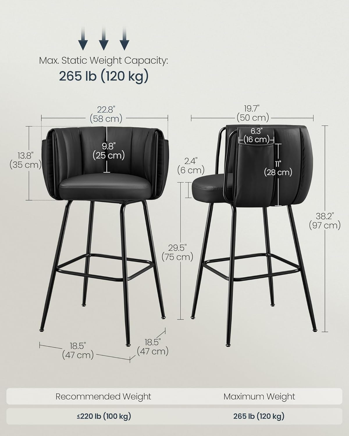 360° Swivel Bar Stools Set of 2, Barstools with Curved Back, Upholstered Counter Bar Stools with Footrest, Metal Tapered Legs, for Kitchen Island, Dining Room, Ink Black ULBC123B02