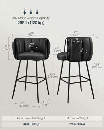 360° Swivel Bar Stools Set of 2, Barstools with Curved Back, Upholstered Counter Bar Stools with Footrest, Metal Tapered Legs, for Kitchen Island, Dining Room, Ink Black ULBC123B02