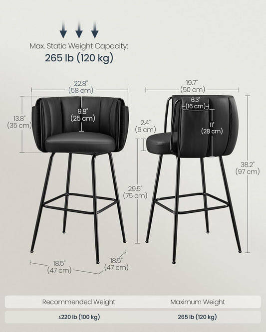 360° Swivel Bar Stools Set of 2, Barstools with Curved Back, Upholstered Counter Bar Stools with Footrest, Metal Tapered Legs, for Kitchen Island, Dining Room, Ink Black ULBC123B02