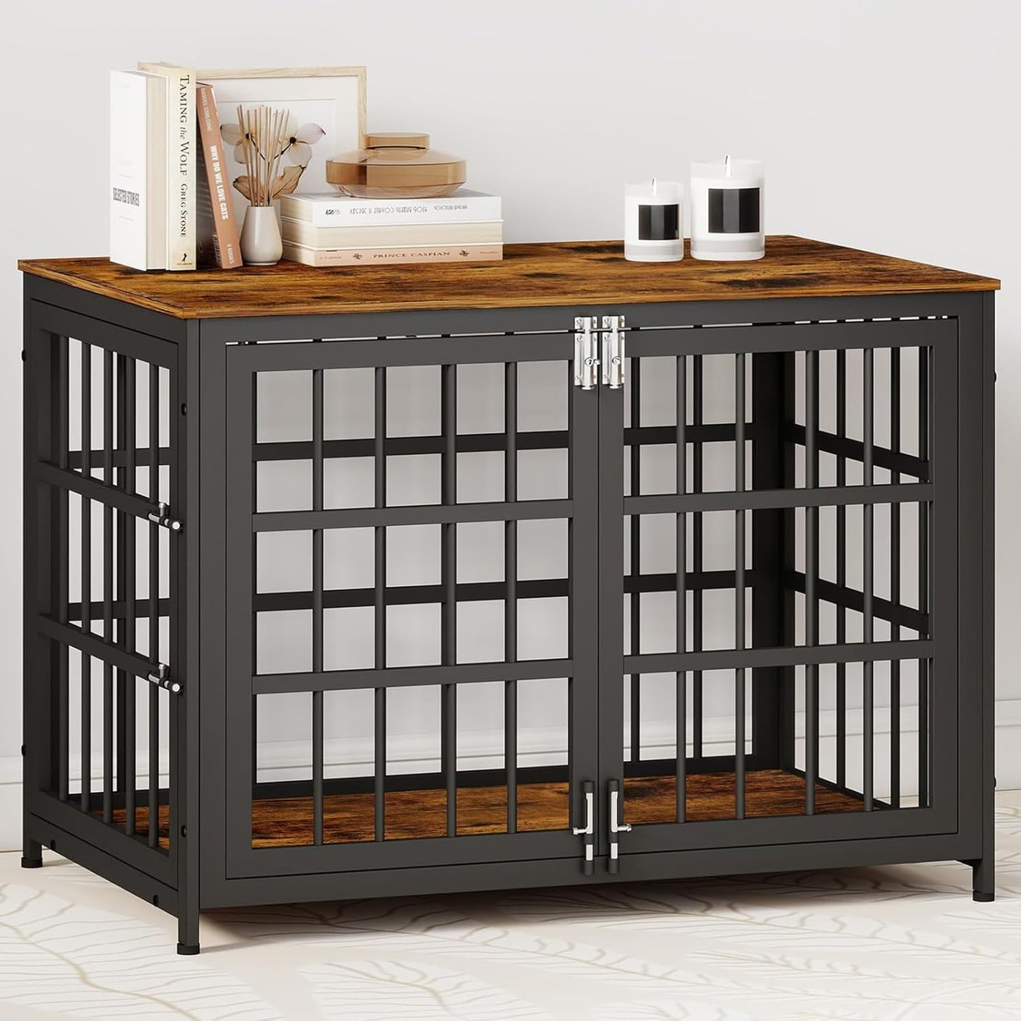 38 Inch Wooden End Table Dog Crate Furniture with Multiple Secure Locks, Heavy Duty Indoor Dog Kennel for Medium Dogs, Decorative Pet Cage for Home Use,Aged Black