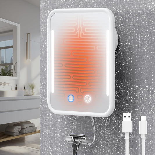 Heated Shower Mirror Fogless for Shaving with Light, 5000Mah Rechargeable Battery, Detachable Suction Cup and Razor Holder for Wall, No-Drilling, Removable, Waterproof for Bathroom - White