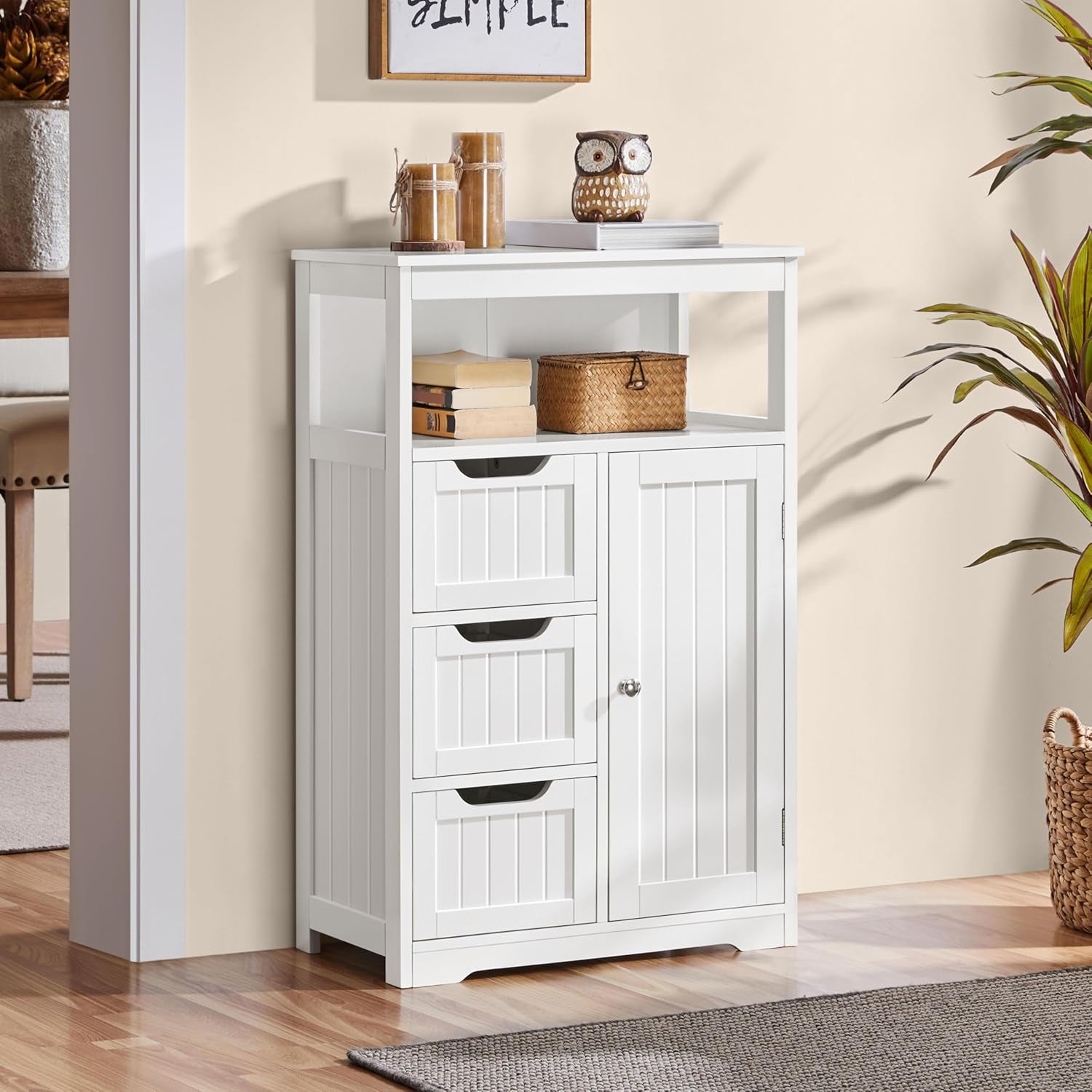 Bathroom Floor Cabinet Wooden Storage Organizer with 1 Door and 3 Drawers, Free-Standing Cupboard for Kitchen/Living Room/Bathroom Use, White