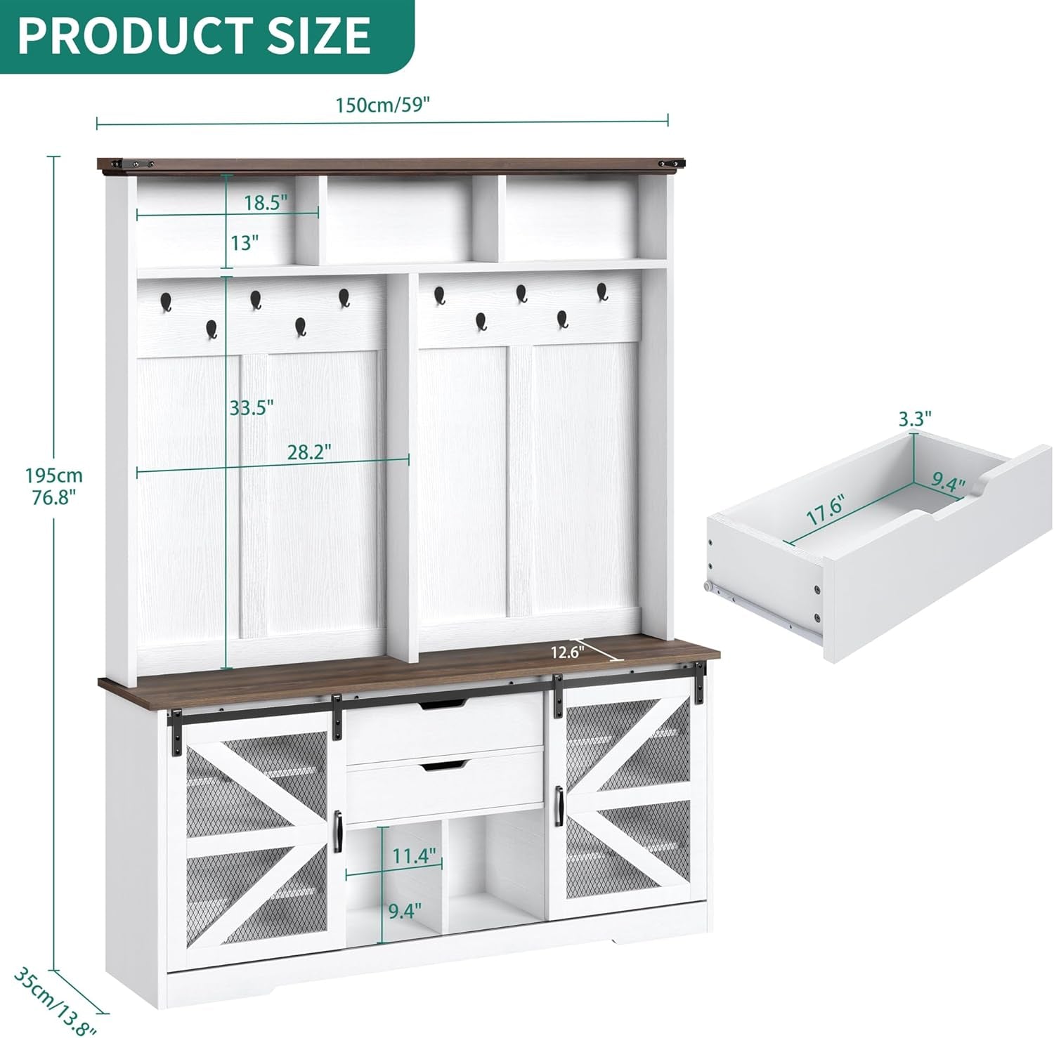 Hall Tree with Bench and Shoe Storage, Hallway Tree with Adjustable RGB LED Light, Sliding Barn Doors and 10 Hooks, Coat Rack for Front Door Entrance Entryway Mudroom Bedroom, White & Walnut