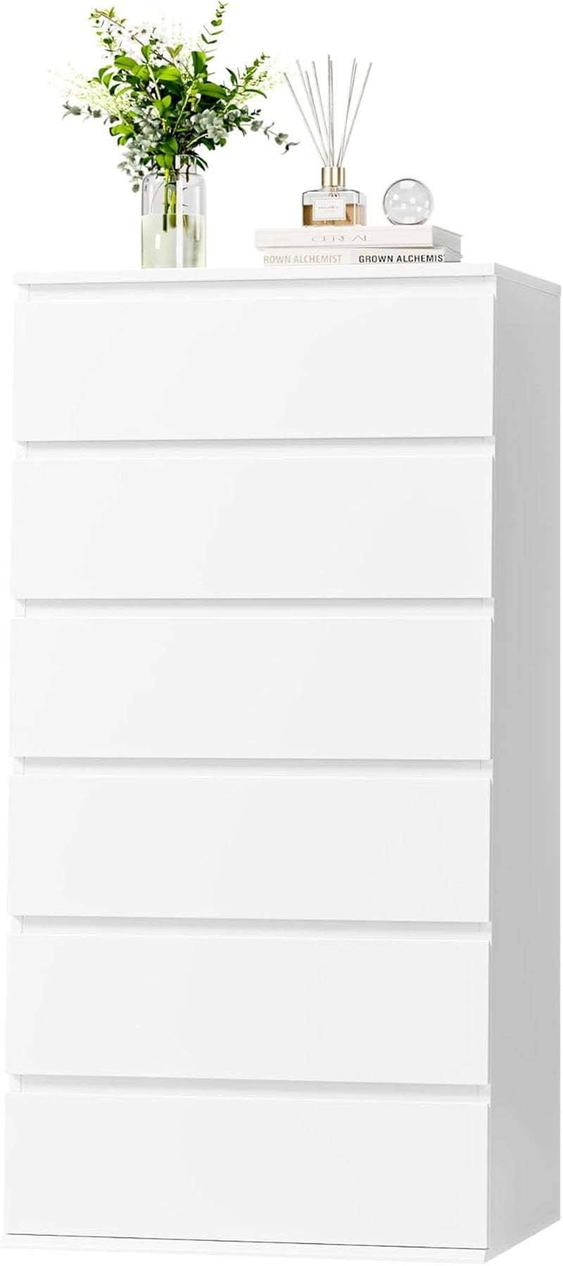 White Dresser, 6 Drawer Dresser, Modern Tall Floor Storage Cabinet with Metal Sliding Rail, Wooden Handleless Drawer Cabinet, 6-Layer Large Capacity Vertical Dressers for Home & Office