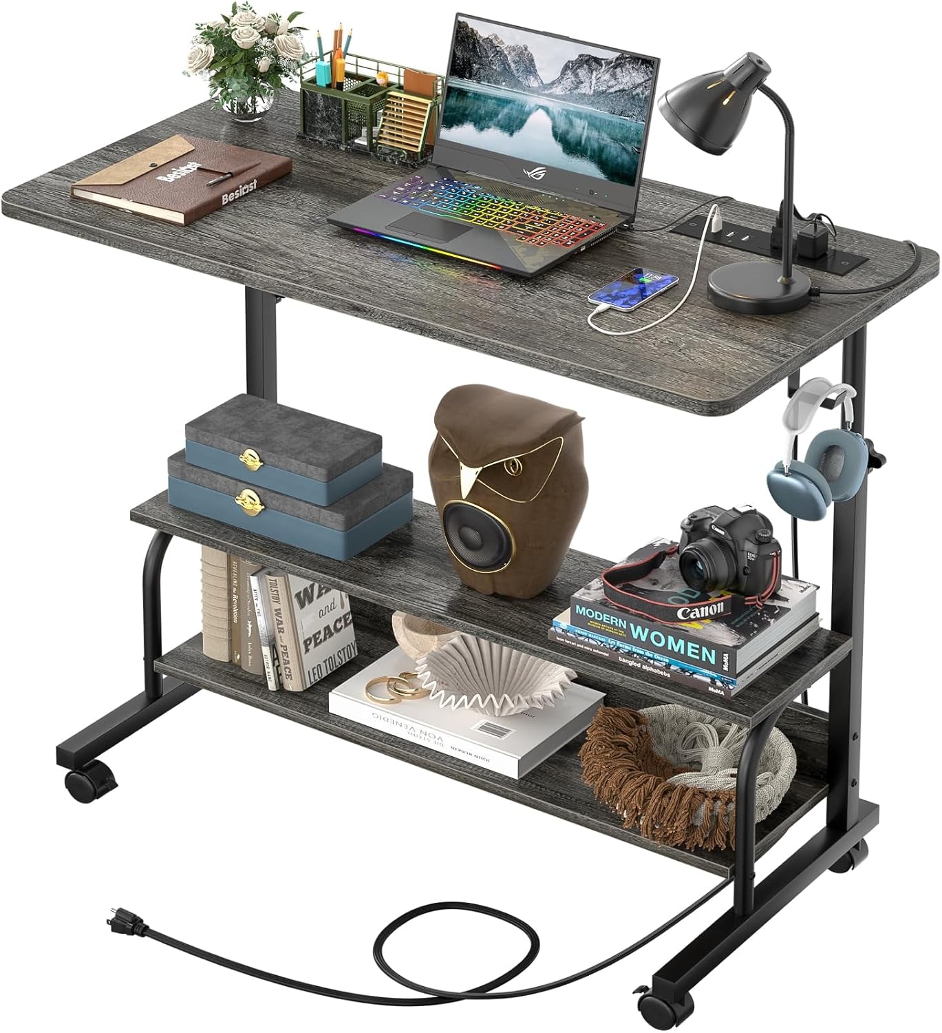 32" Height Adjustable Standing Desk with Power Outlets - Manual Rolling Stand up Desk with Wheels Small Portable Computer Desk Mobile Laptop Table with Storage Shelves for Home Office, Grey Oak