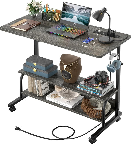 32" Height Adjustable Standing Desk with Power Outlets - Manual Rolling Stand up Desk with Wheels Small Portable Computer Desk Mobile Laptop Table with Storage Shelves for Home Office, Grey Oak