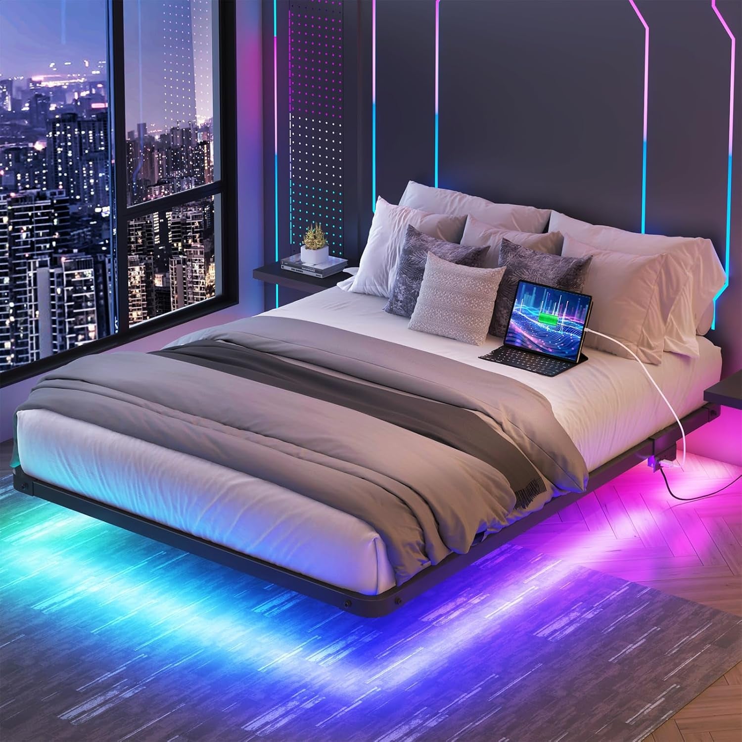 Full Size Floating Bed Frame with Charging Station, Modern Metal Platform Bed Frame with LED Light, Easy Assembly, Black