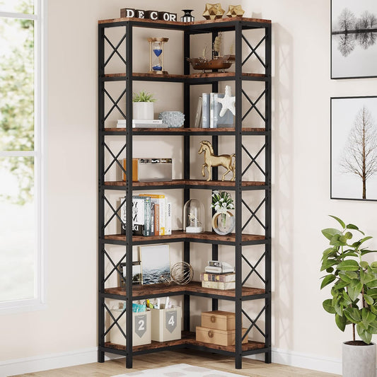 7-Shelf Corner Bookshelf,Large Modern Corner Bookcase, 7-Tier Tall Corner Shelf Storage Display Rack with Metal Frame for Living Room Home Office (Rustic Brown)