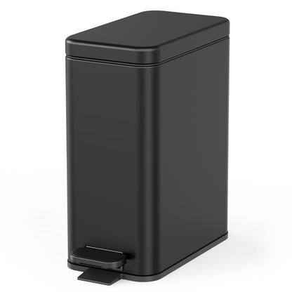 Bathroom Trash Can with Lid, 2.6 Gallon Small Black Bathroom Garbage Can Soft Close, Stainless Steel Waste Basket with Step Pedal for Bedroom, Laundry Room, Living Room, Home Office, Toilet, RV