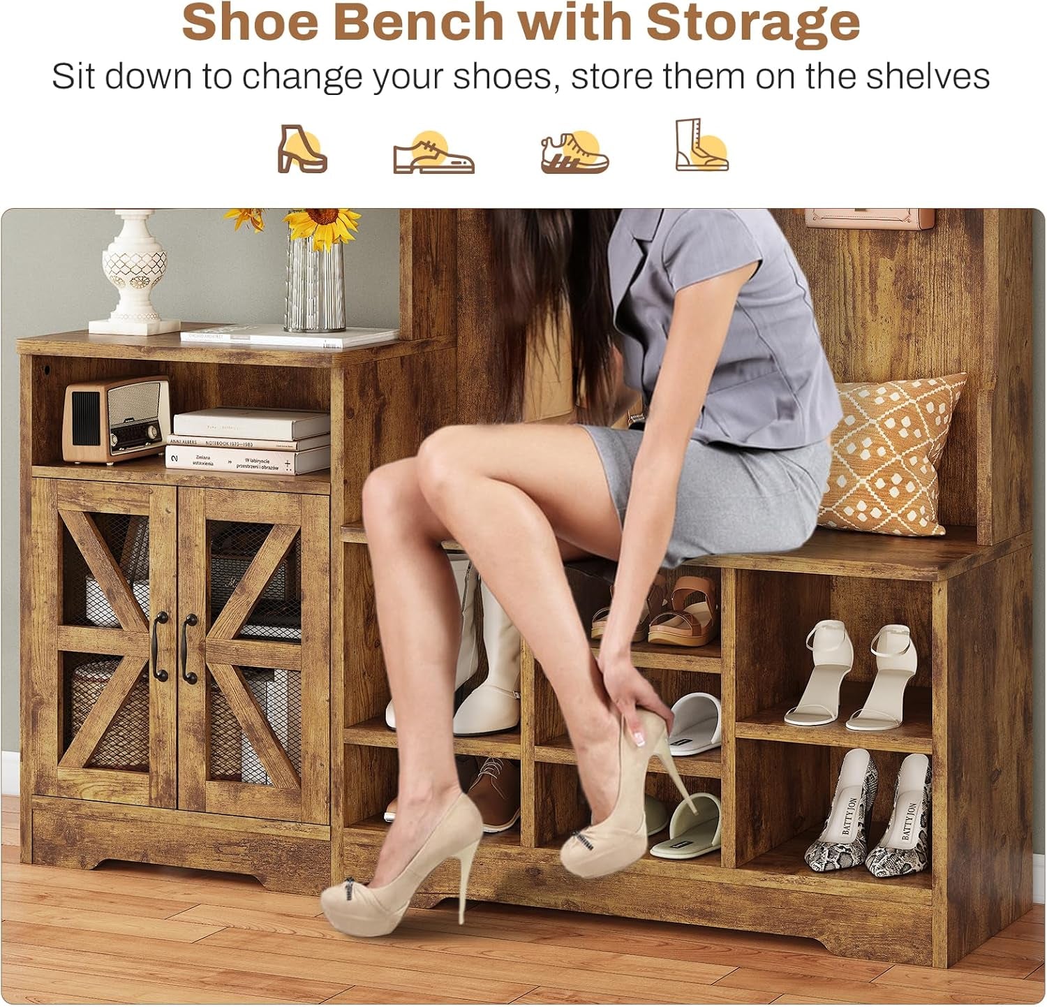 Hall Tree with Bench and Shoe Storage, Entryway Table, Entryway Furniture, 10 Compartments & 8 Double Hooks, Barn Door & Adjustable Shelf, Rustic Brown