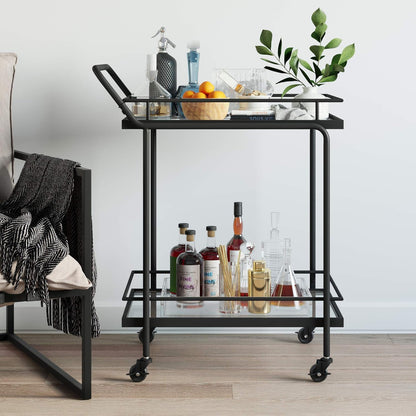 Sally Rolling Bar or Cart for Tea or Cocktail, 2-Tiered Glass and Metal, Black