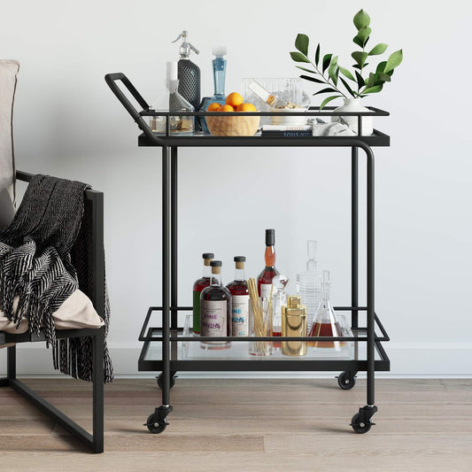 Sally Rolling Bar or Cart for Tea or Cocktail, 2-Tiered Glass and Metal, Black