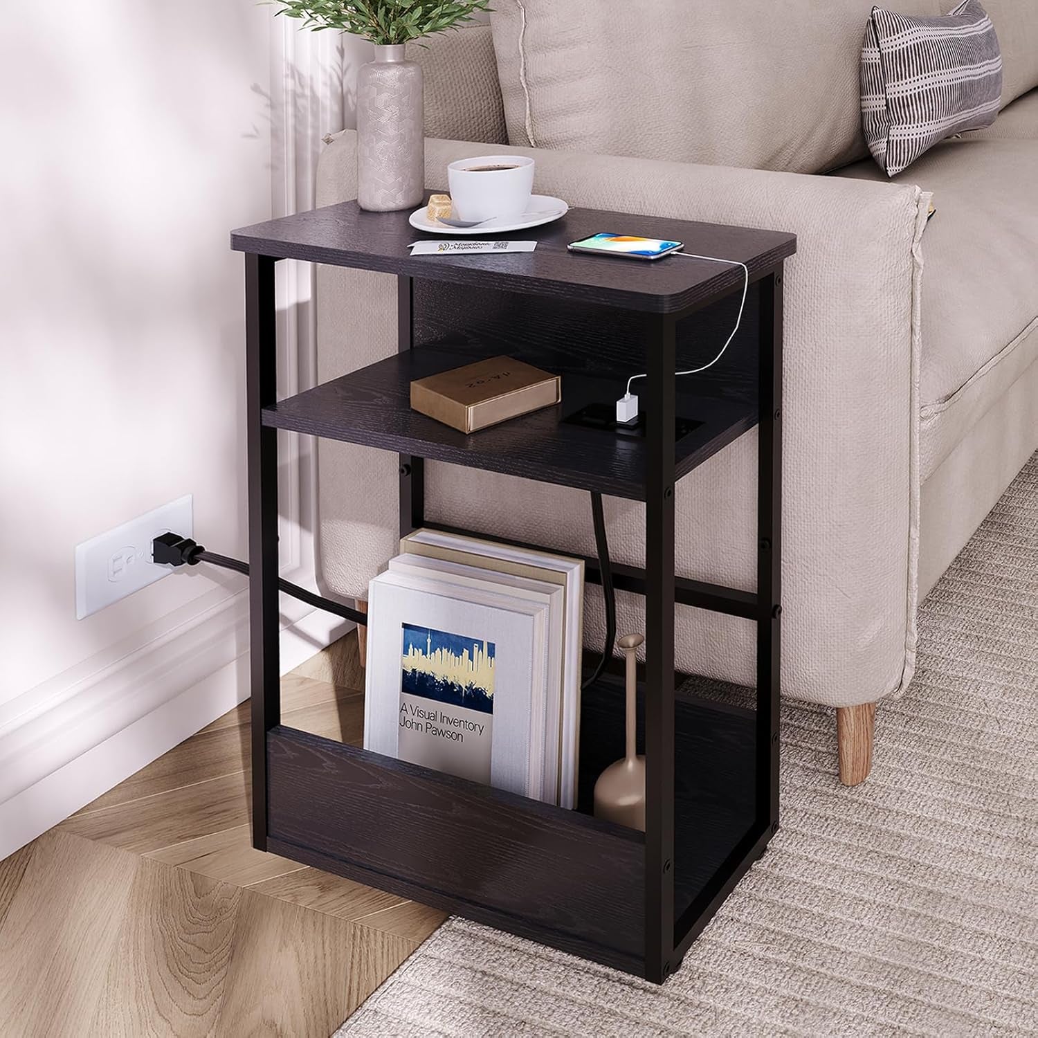 Narrow Side Table with Charging Station, 3 Tier Slim End Table for Small Spaces, 23.6 Inch Height Thin Tables with Storage Shelf and Magazine Rack for Living Room, Black