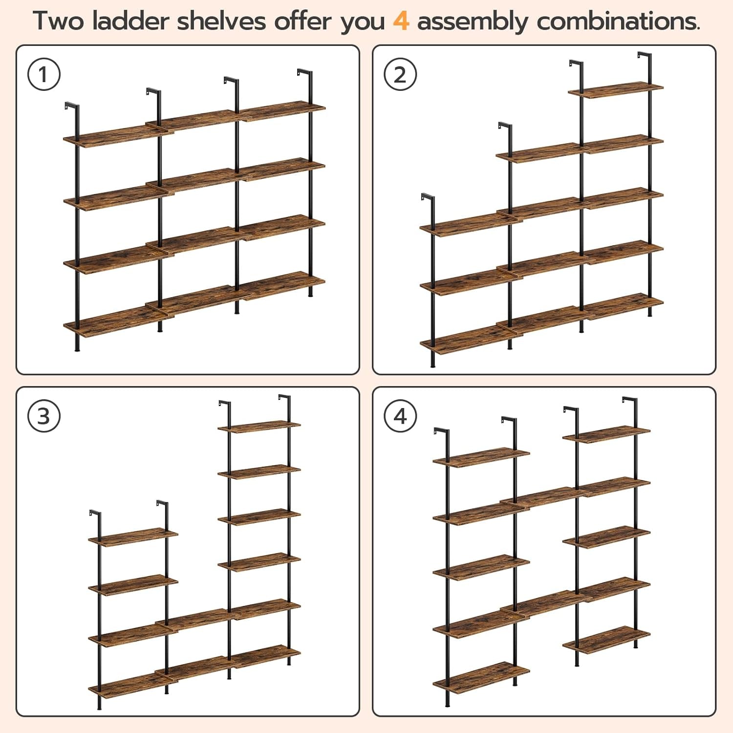 DIY Ladder Shelf, 6-Tier Wall Mounted Bookshelf, Office Vertical Bookcase, Wooden Storage Shelves for Home Office, Bedroom, Rustic Brown and Black BF65CJ01