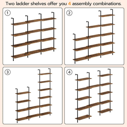 DIY Ladder Shelf, 6-Tier Wall Mounted Bookshelf, Office Vertical Bookcase, Wooden Storage Shelves for Home Office, Bedroom, Rustic Brown and Black BF65CJ01