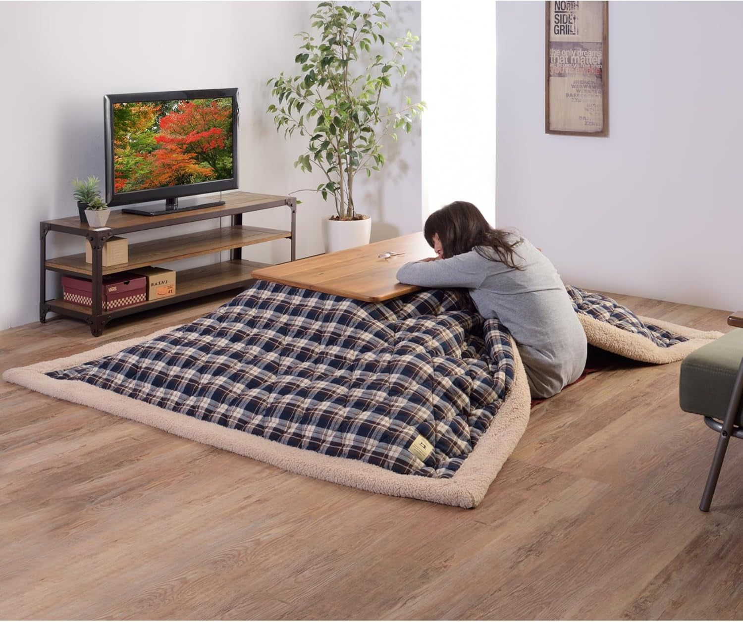 Kotatsu Futon Comforter Square Shape W75 X D75 Inches, Polyester Fabric Material, Home and Living, Navy Checked Design KK-103BL, This Order Comes Only Futon Comforter