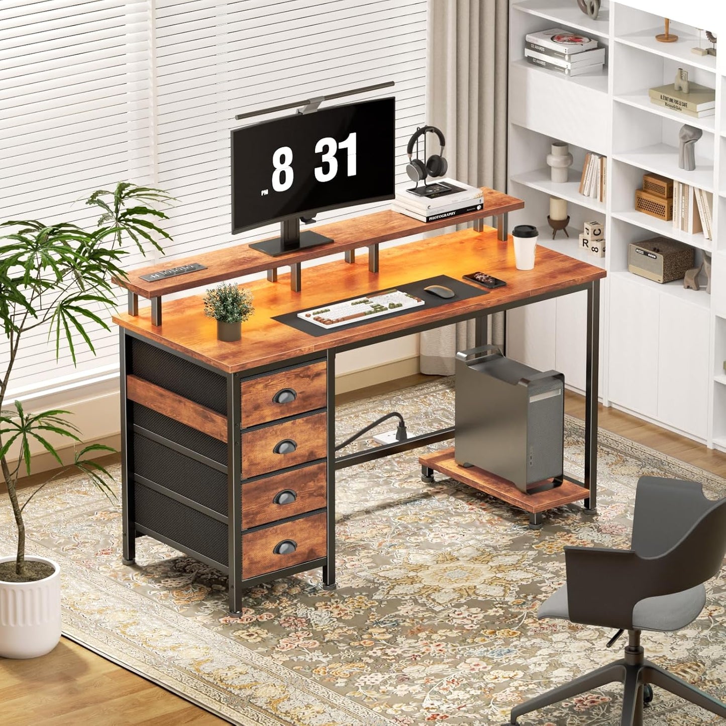 55 Inch Computer Desk Gaming with 4 Fabric Drawers with Power Outlets and LED Lights for Home Office with Full Monitor Stand and Shelf Study Table for Small Spaces Rustic Brown